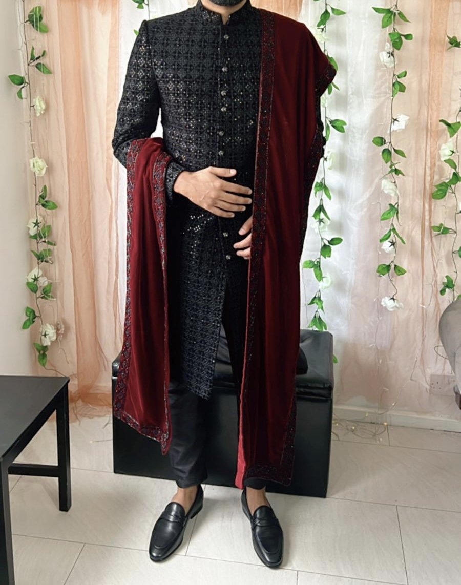Black sherwani with velvet dupatta