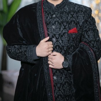 Black Grooms Sherwani by Hassan Shafiq