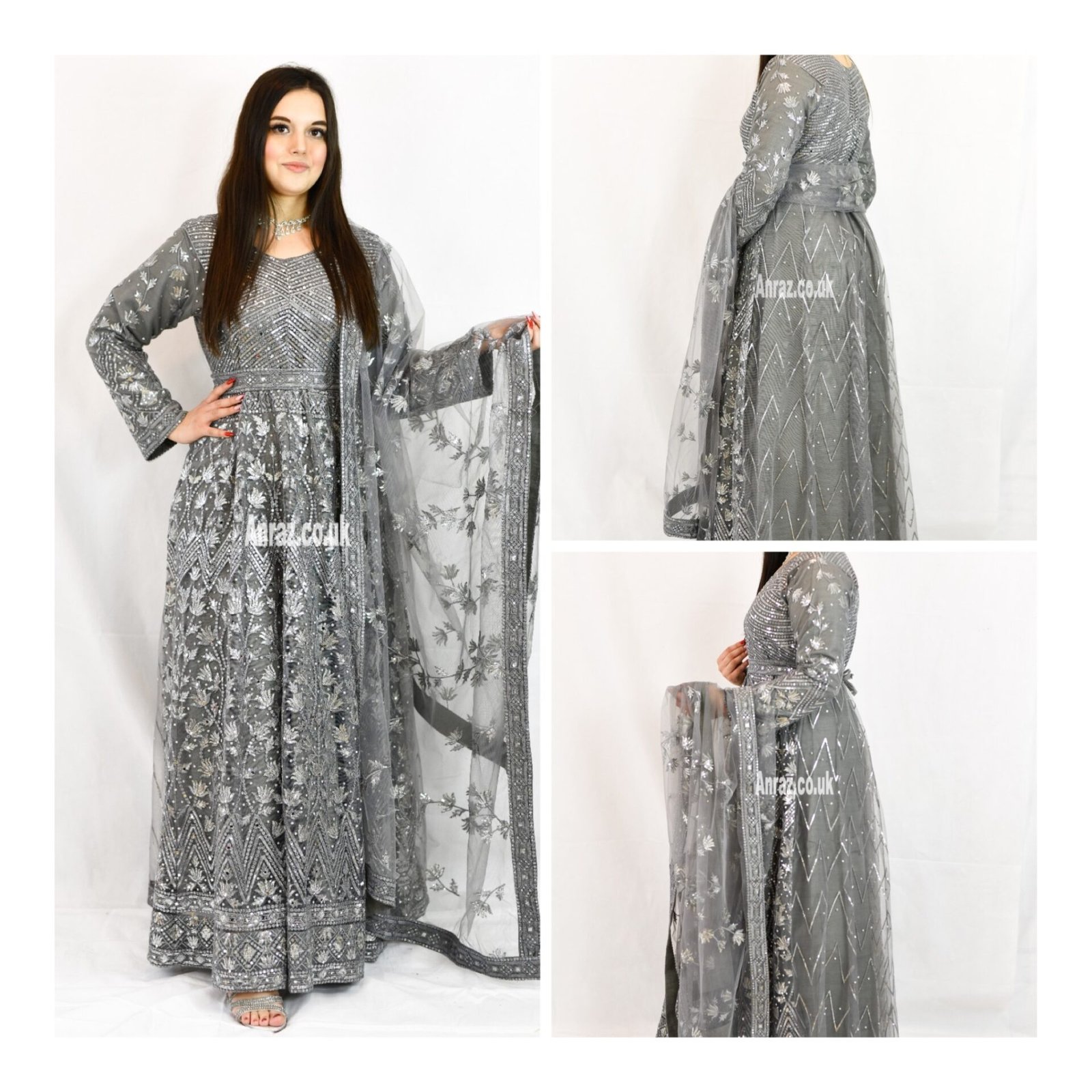 Grey Indian Pakistani Wedding Gown long dress Asian Stitched Maxi Partywear – S