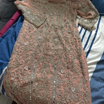 L/XL peach/pink dress with loose net trousers and net duppata